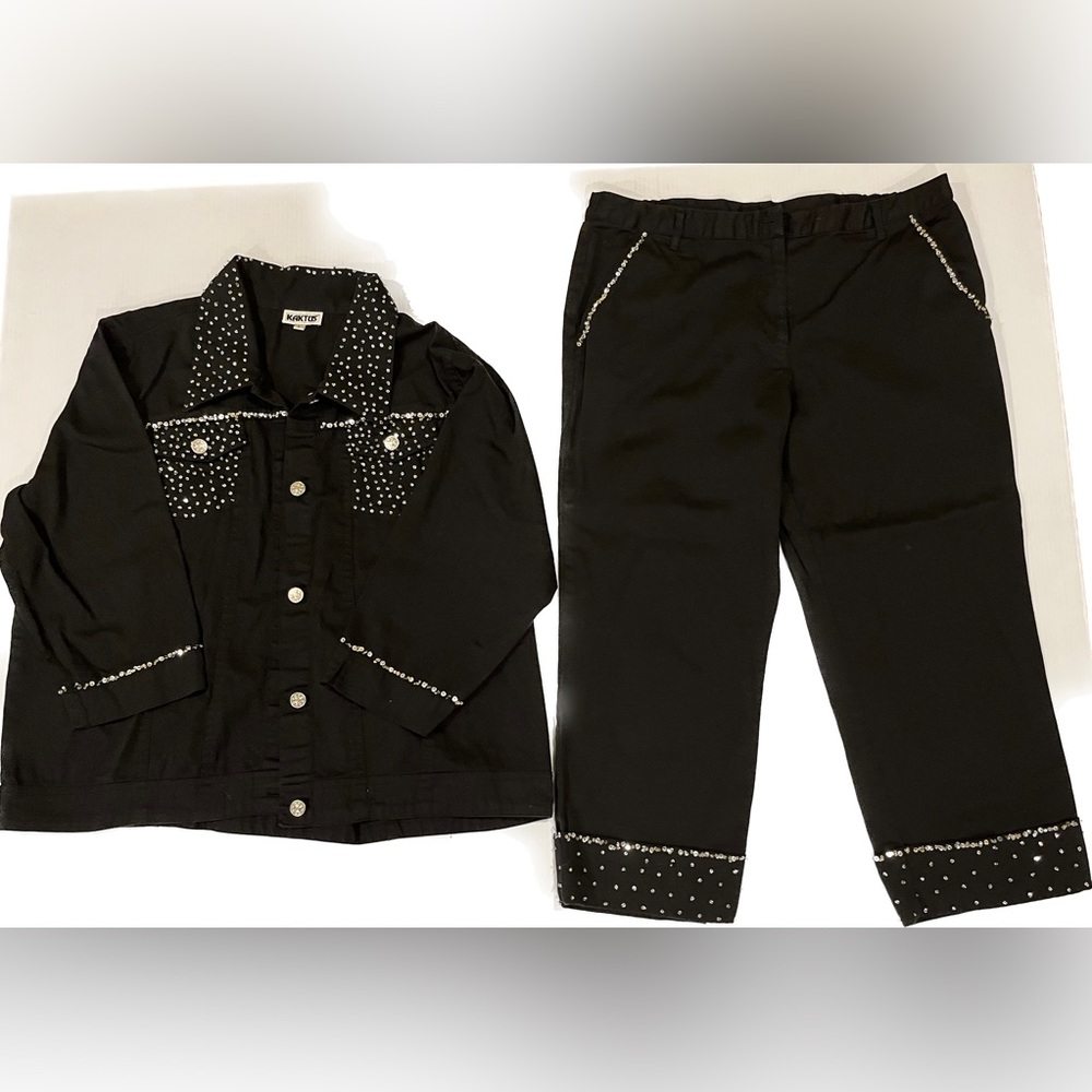 KAKTUS Black 2 Piece Jacket Pant Set Size L Sequin Accents